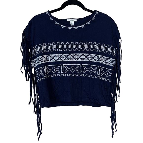 Forever 21 Womens Sz M Cropped Fringe T Shirt Blue White Boho Festival - Picture 1 of 4